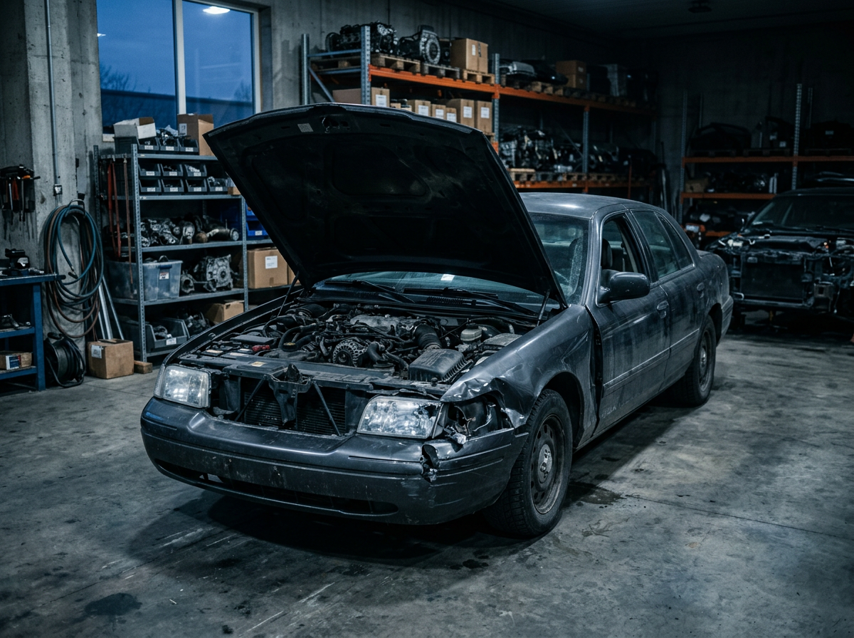 A damaged donor pickup truck in a salvage yard, ready to be parted out